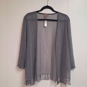 Chico's Black and White Geometric Cardigan Lightweight w Fringe Size 3 (XL/16)